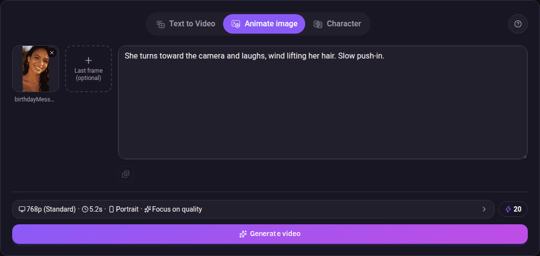The desktop Animate image card with a first-frame photo, an optional last-frame slot, and a motion description.