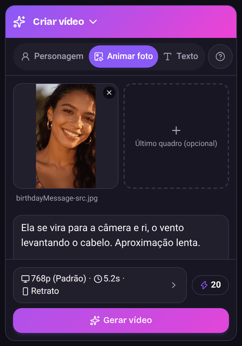 A tela Animar foto no celular, com uma foto inicial adicionada e uma descrição de movimento escrita.