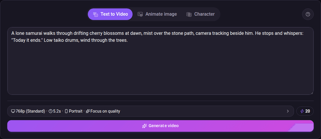 The desktop Create card with a video idea typed in, the settings row under it and the Generate video button.