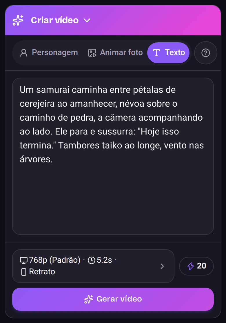 A tela Criar no celular, com uma ideia de vídeo escrita e o botão Gerar vídeo embaixo.